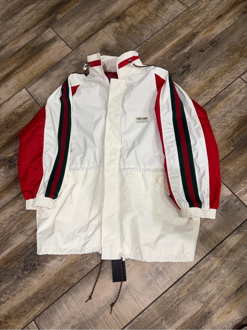 Gucci White Windbreaker with Red Sleeves and Green-Black Stripes